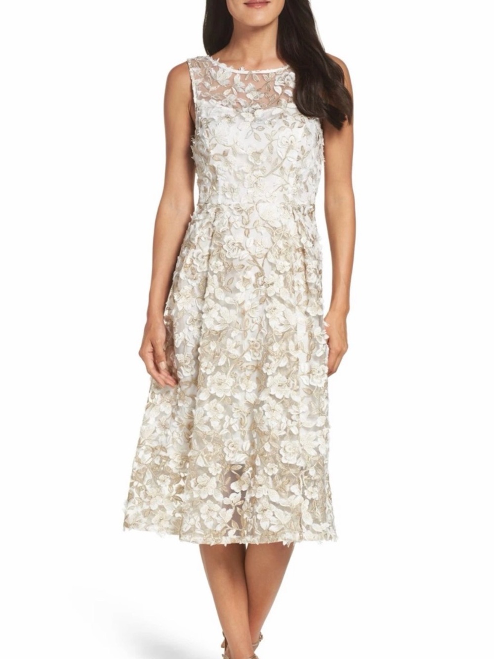 Adrianna Papell Ivory Cream Gold 3D Lace Floral Midi Fit and Flare Dress